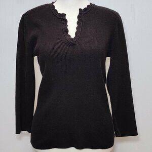Calvin Klein Black lace trimmed split V-neck, 3 quarter sleeve ribbed top Size M